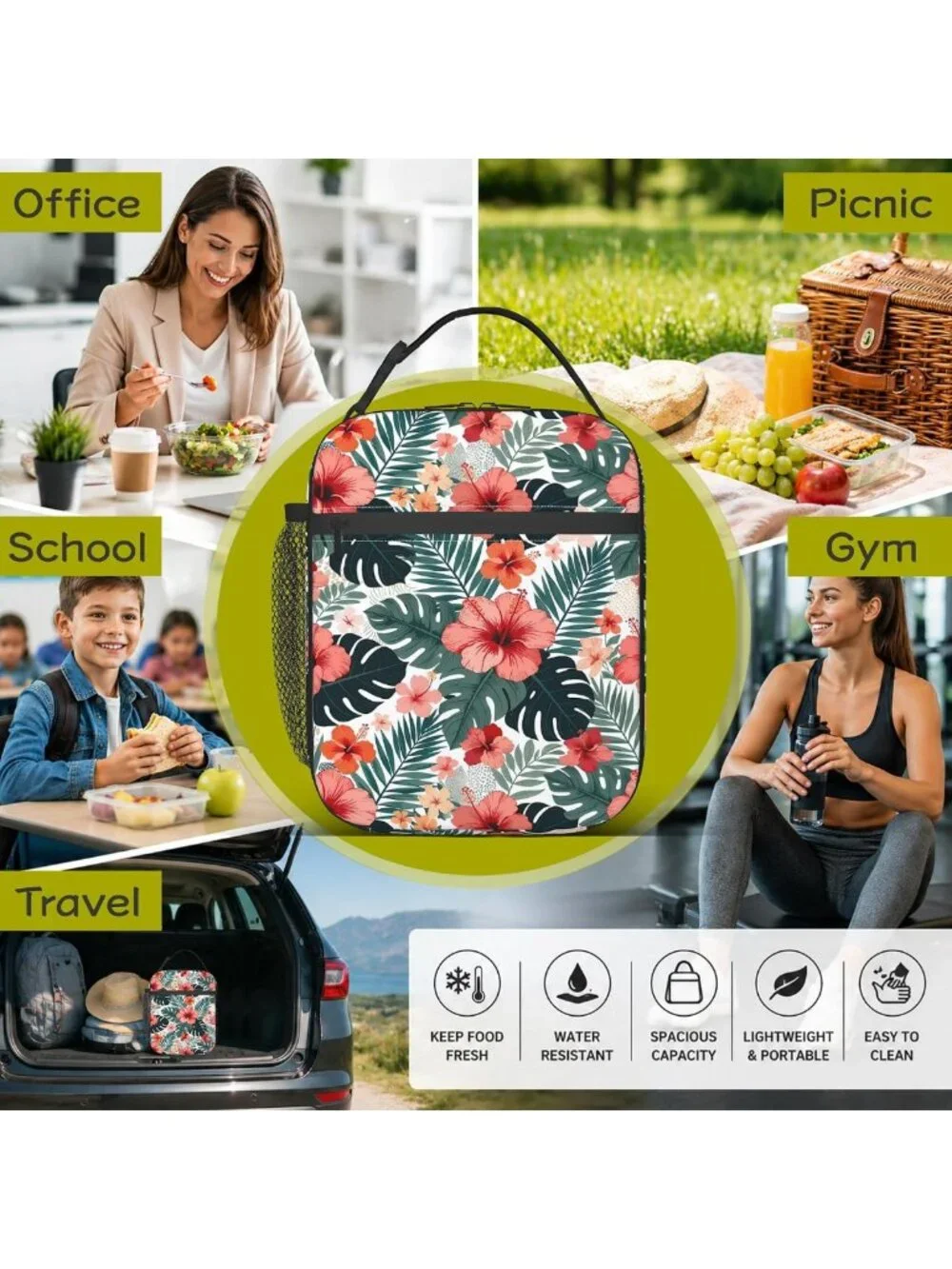 Insulated Tropical Hibiscus Kids Lunch Bag | Reusable Leakproof Cooler Tote for